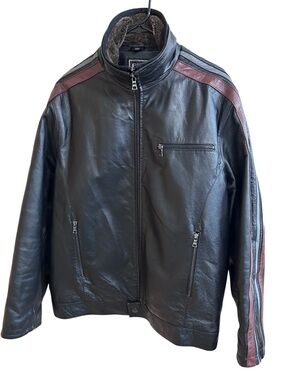 Vtg Y2K EMC Black Leather Cafe Racer Jacket  Racing Stripes Faux Fur Collar M